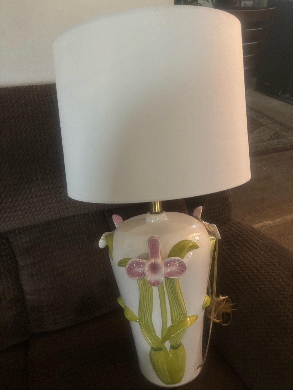 Vintage White 3-D Floral Ceramic Table Lamp with Pink Orchid Accent